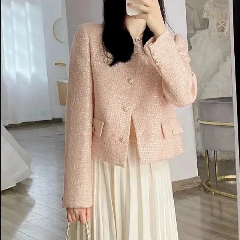 Chic French Tweed Wool Sweet Pink jackets for women for