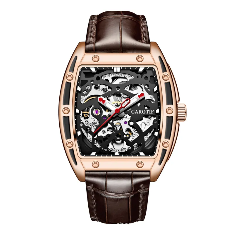 Mens Square Automatic Mechanical Watch Hollow Waterproof Belt Watch C3 ...