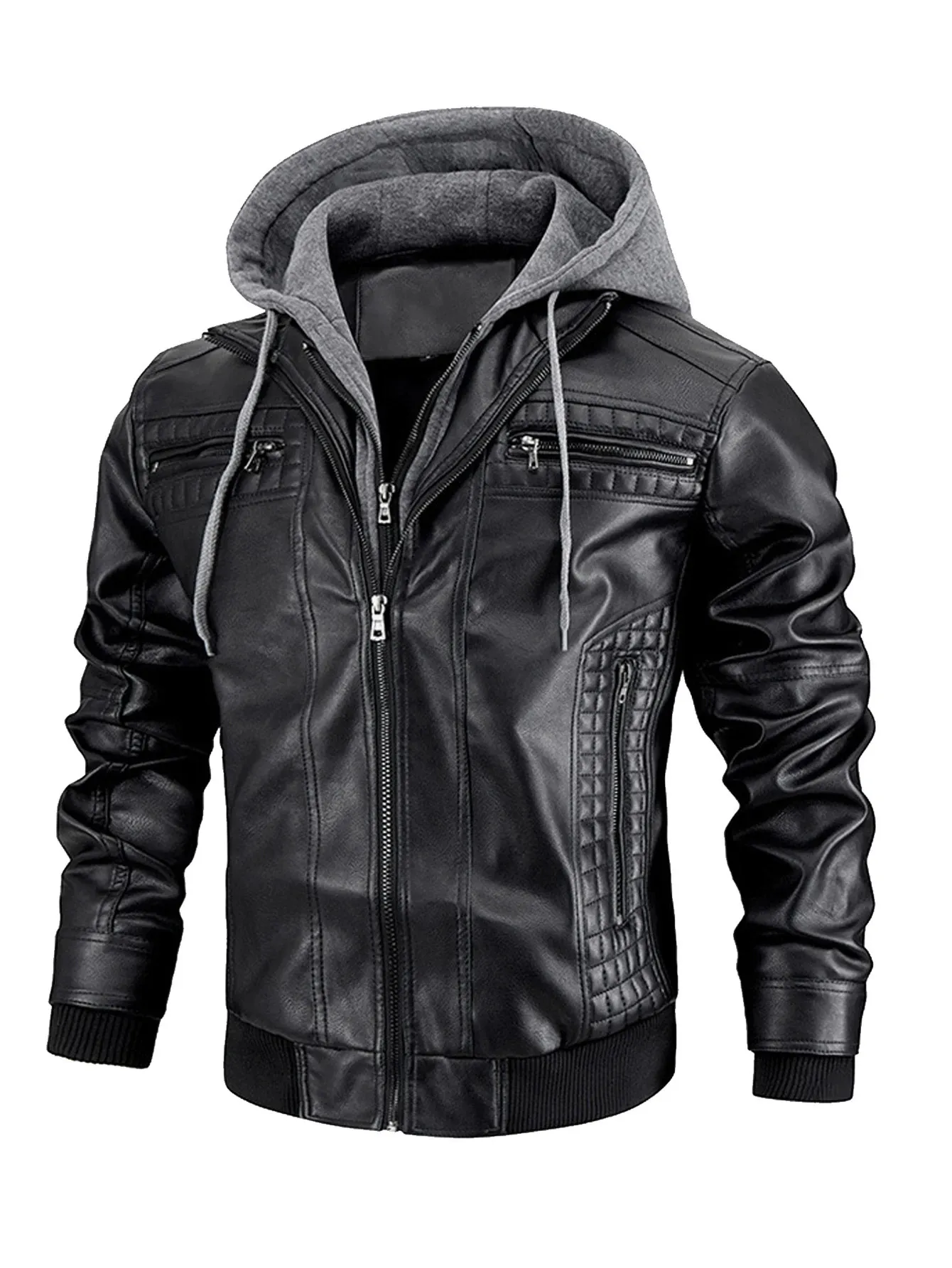 Mens Genuine Leather Motorcycle Jacket with Detachable Hood 