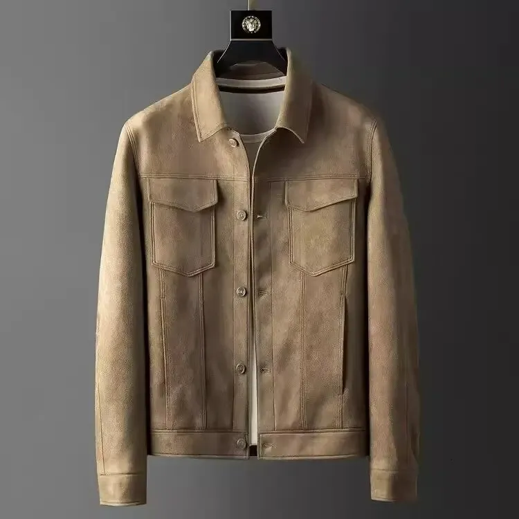 Suede Jacket Zippered Front with Chest Pockets Durable Men's