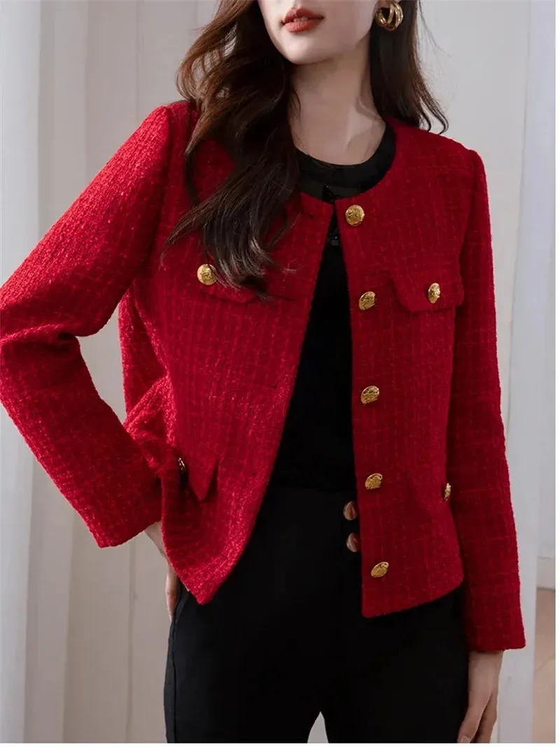 Casual Womens Red Tweed Asymmetric Jacket Acetate Fabric Spring
