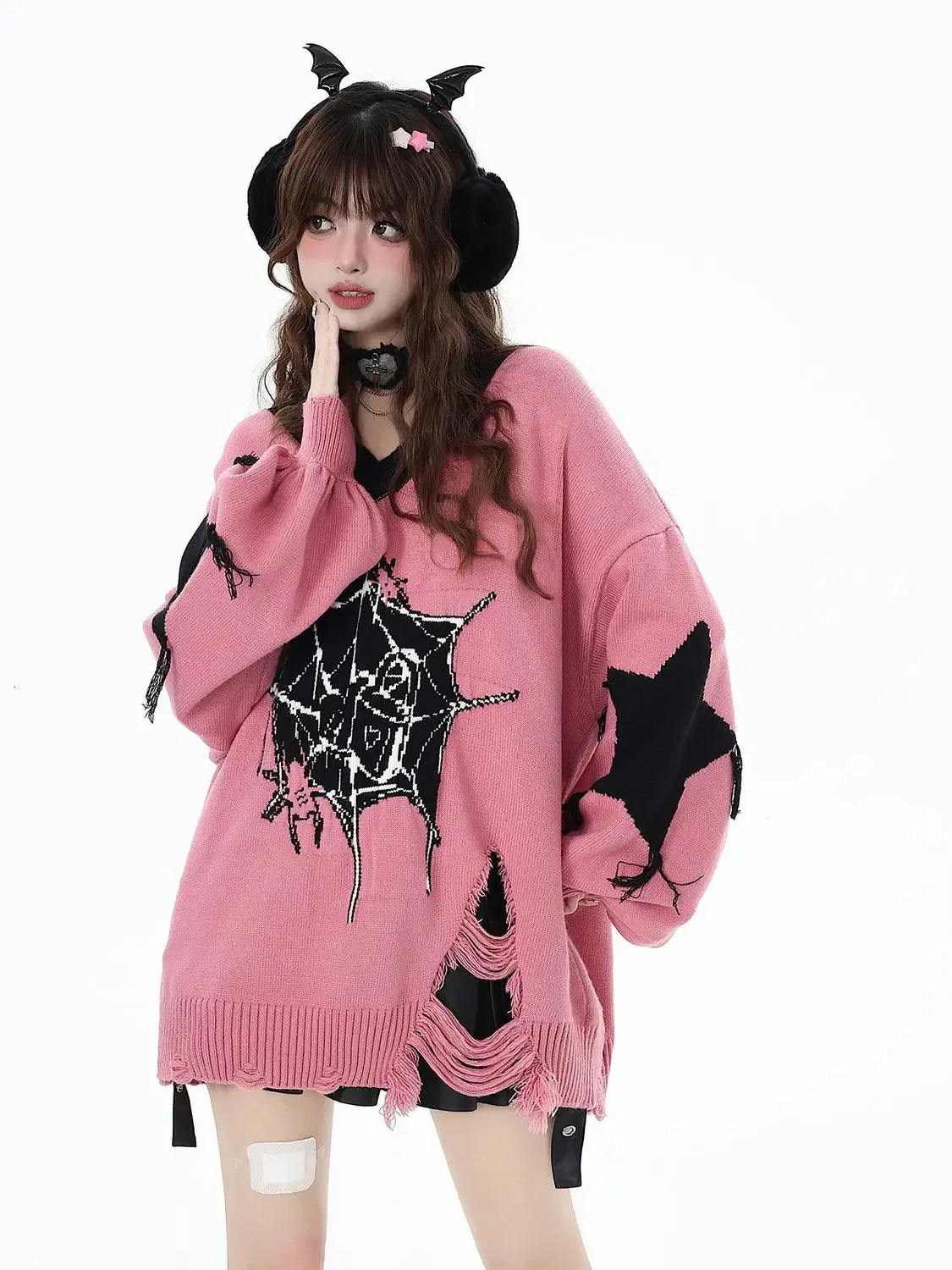 Y2k Gothic Harajuku Style Hoodie - Oversized V Neck Knit