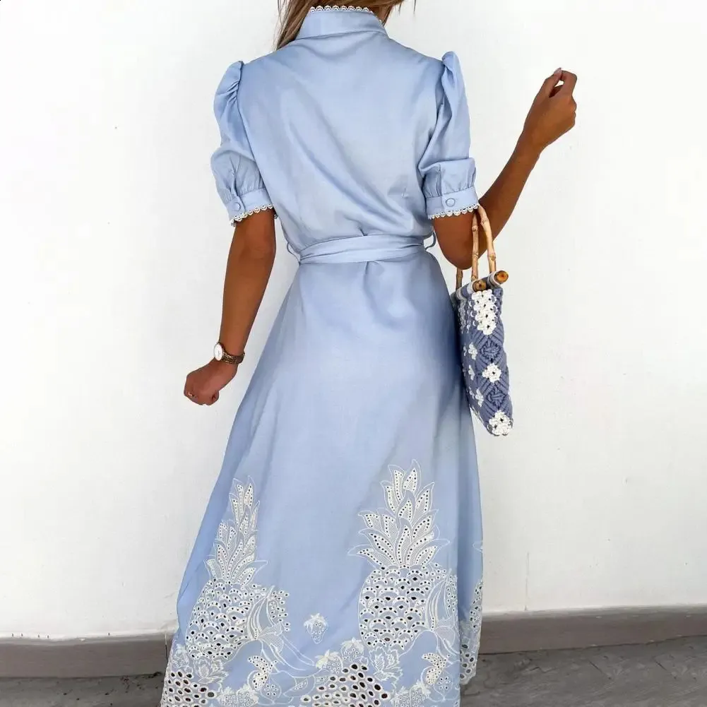 Elegant Embroidered Women Maxi Dress Chic Lapel Long Sleeve High Waist Lace Up Dresses Fashion Female Solid Vestidos 240809
