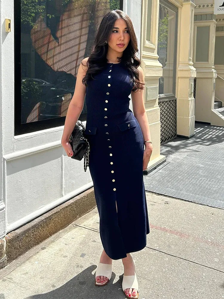 Summer Knitted Cardigan Slit Dress for Women for Women - Elegant Lapel Sleeveless Long Bodycon with Button Detail (240809)
