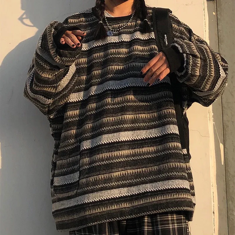 Oversized Striped Knit Sweater: Womens Pullover, Retro