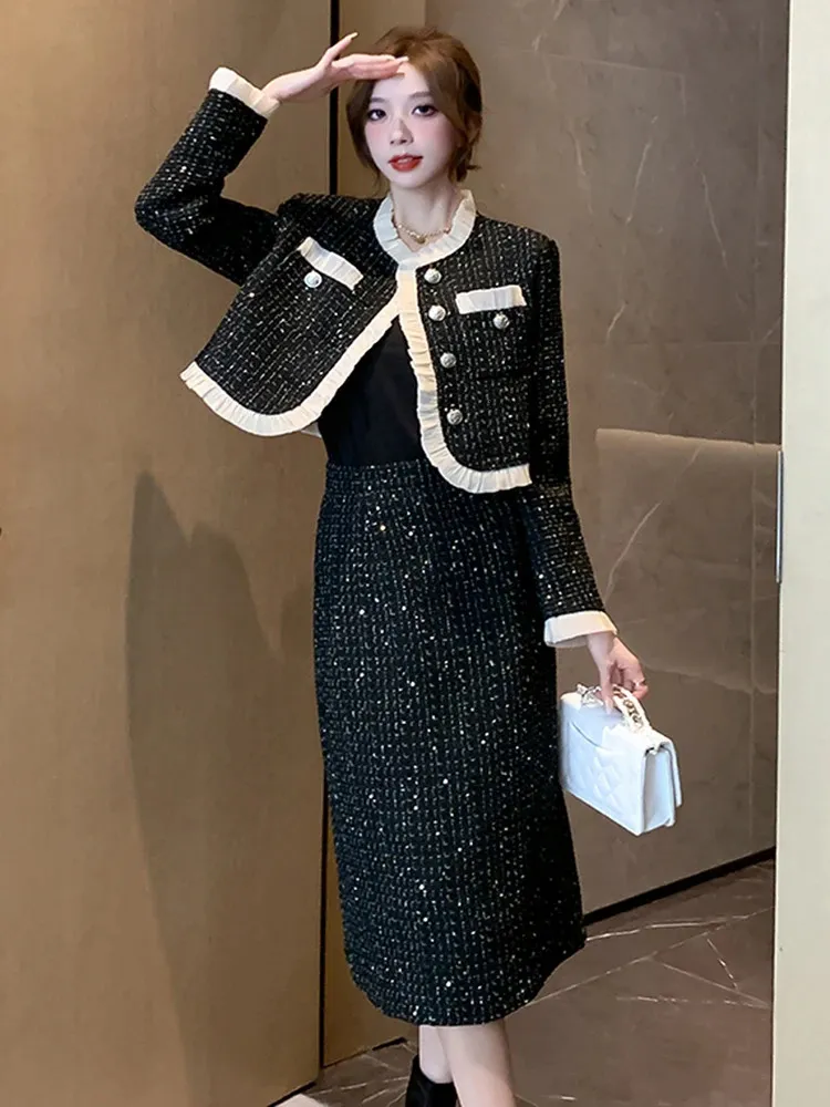 Elegant Tweed Skirt Suit Set: Premium Quality Short Jacket & Long