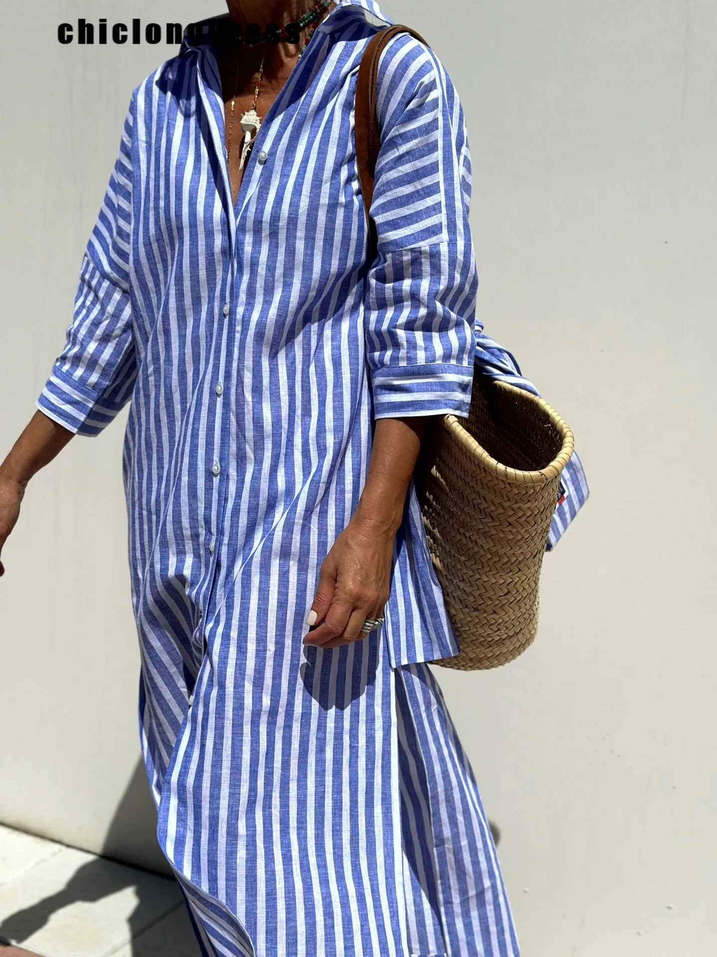 Striped Lapel Pinstripe Shirt Dress for Women - Casual Autumn Fashion with Button Closure and Lace-Up Slit (240808)