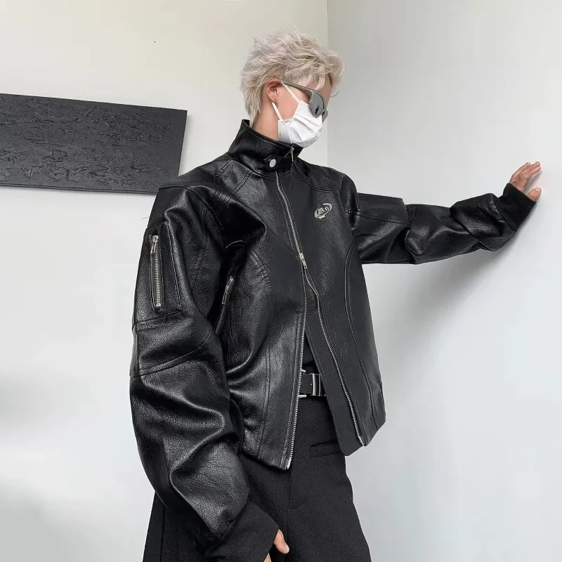 Jaqueta De Couro Punk Masculina Colar De Stand Up, De $190,3