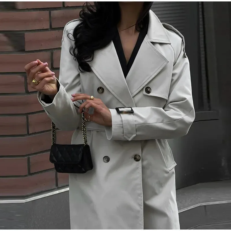 Mid Length Trench Coat Womens Elegant Light Grey Double