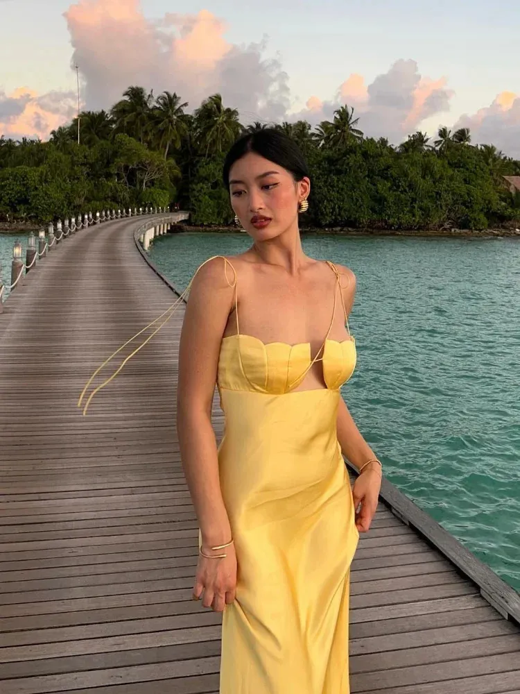 Yellow Satin Floral maxi dress with Backless and Off-Shoulder Lace-Up Sling - Perfect for Summer Parties and Evening Events (Style #240823) Yellow Satin Floral maxi dress with Backless and Off-Shoulder Lace-Up Sling - Perfect for Summer Parties and Evening Events (Style #240823)