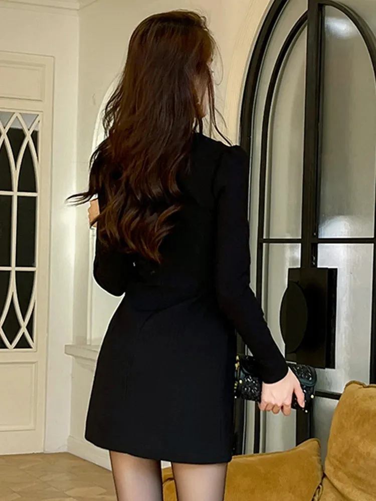 Womens Elegant Black Diamond Short Gown Office Party Business