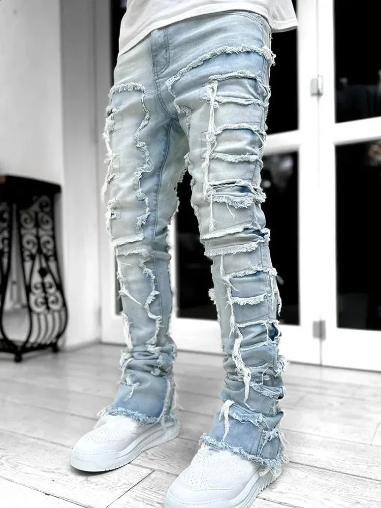 ◆ROCKCAKE◆ Pocket Studded Pants White Men's Fashionable Stretch Pink Ripped baggy jeans with