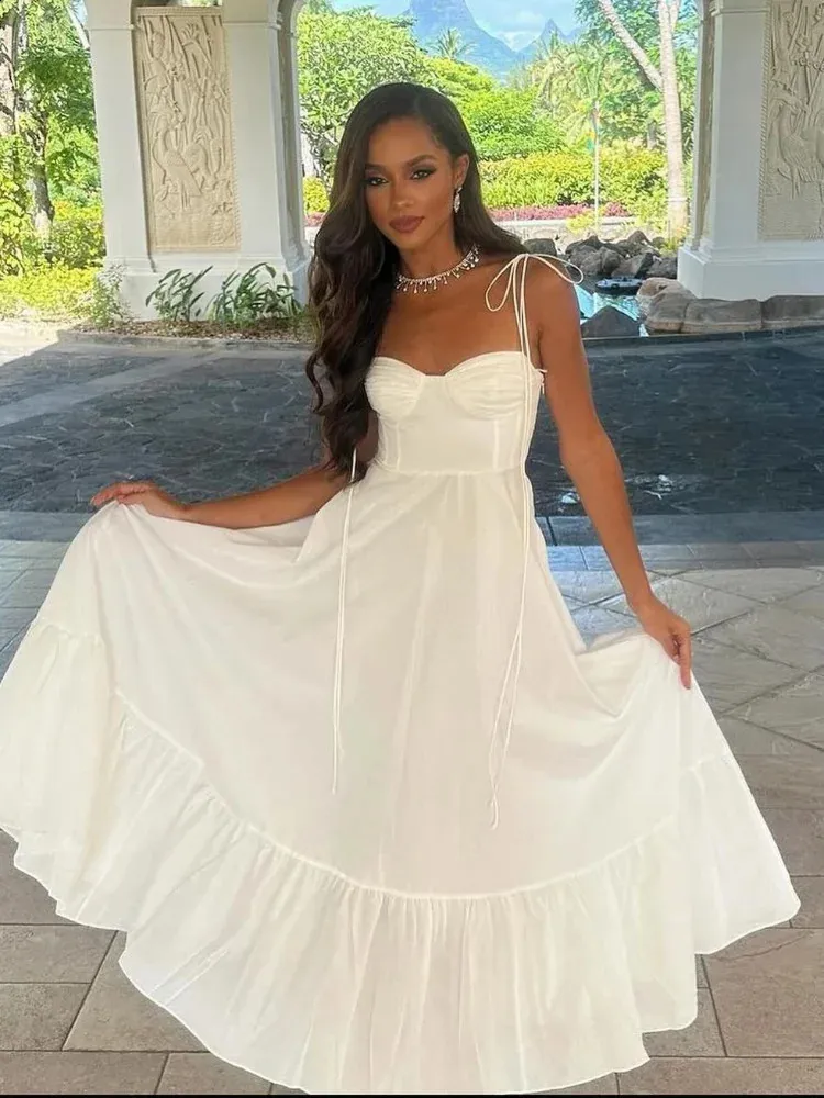 Women's Adjustable Spaghetti Strap Maxi Dress Summer Sleeveless Ruffle Flowy Long Dress White M