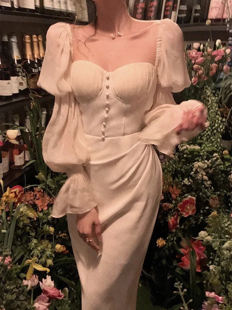 white christmas dresses Flawless Puff Sleeve Corset Midi Dress