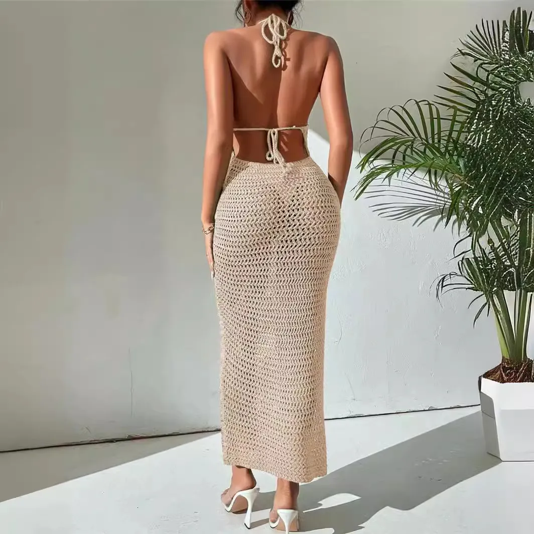 High Neck Backless Mini Dress: Slim-Fit Knitted Sweater Dress with Lace-Up Back - Perfect for Spring and Summer High Neck Backless Mini Dress: Slim-Fit Knitted Sweater Dress with Lace-Up Back - Perfect for Spring and Summer