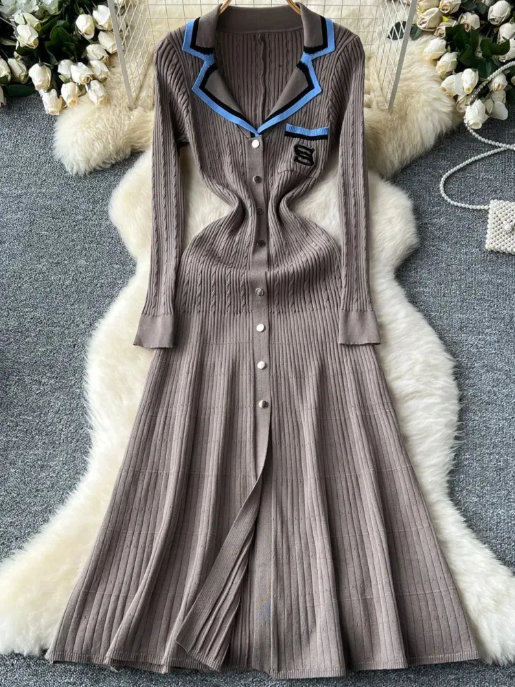 French Retro Knitted Long Dress for Women Floor-Length Single Breasted  Letter Embroidery Slim Chiffon Dress from Dhgate Basic & Casual Dresses -  price 91.49