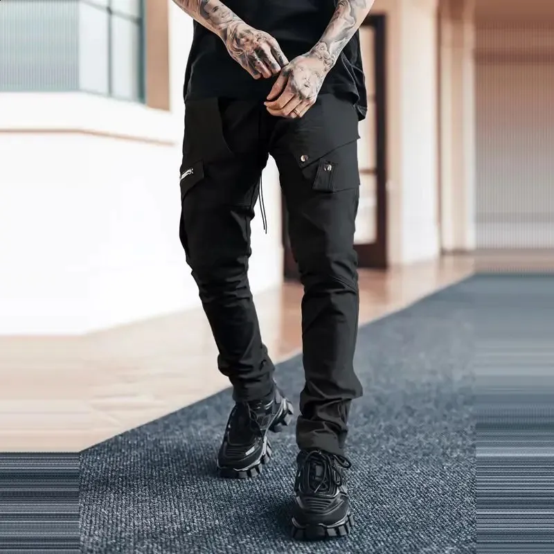 Mens Side Pocket Cargo Pants Zipper Black Gray Khaki Hip Hop