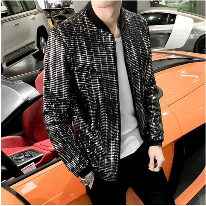 Y2K Mens Fashion Sequin Bomber Jacket: Long Sleeve Glitter Zip Up