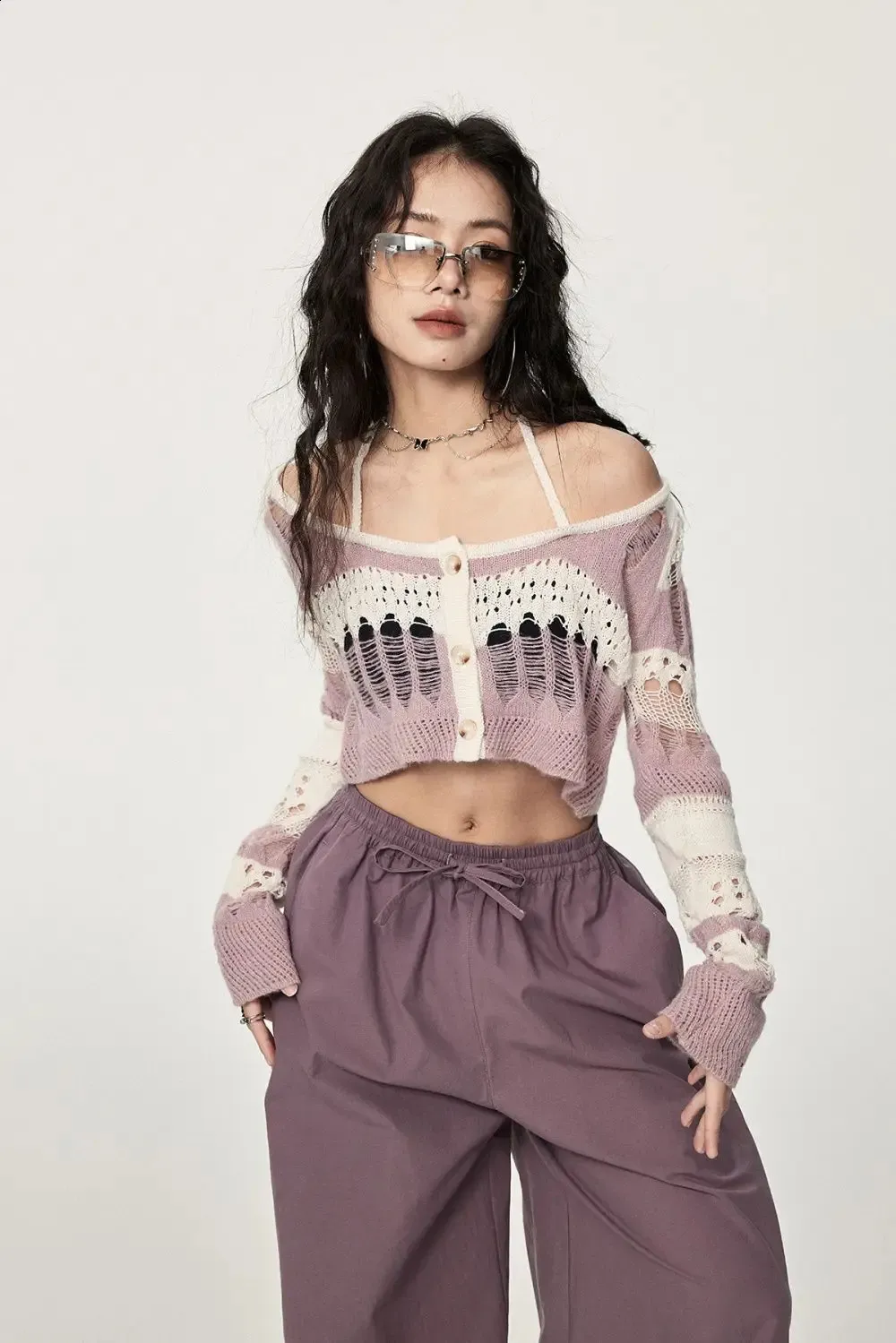 XuBa Damesbolero, kort gebreid vest met lange mouwen, gebreide cardigan, sweater, effen kleur, geribbelde crop tops, wit, M