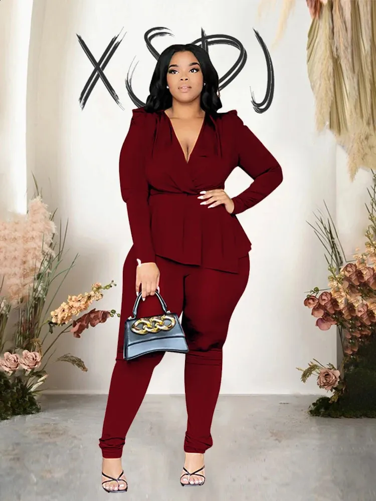 Autumn Elegant Two Piece Set for Women - Top and pants, Curve Fit, Plus Size Matching