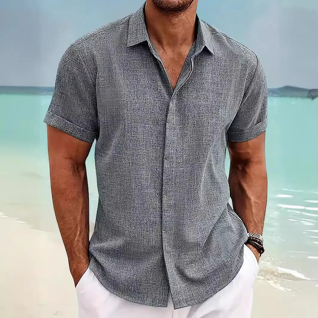 Mens Beach Shirts Linen Blend Short Sleeve Top - Lightweight Summer Cotton Embroidered Sweatshirt for Casual Daily Wear