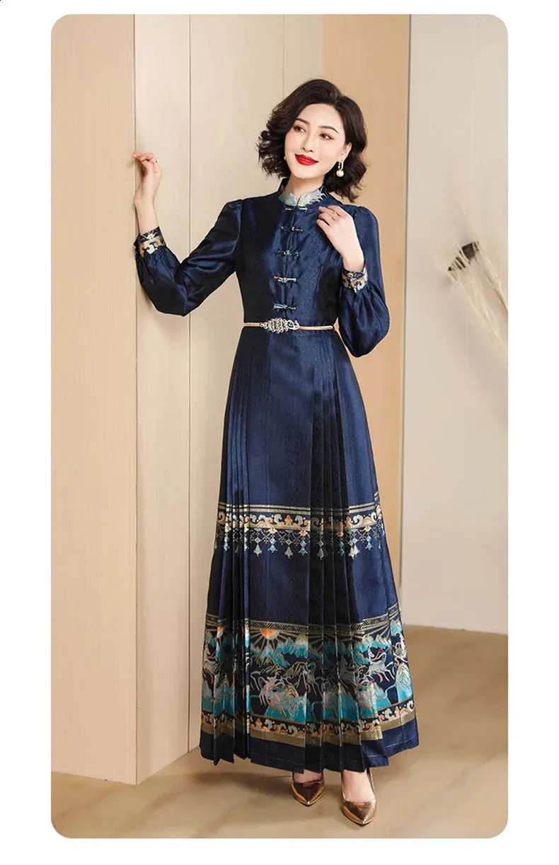 Women Chinese Style Vintage Dress Floor-Length Pullover Chiffon Navy Blue  Small Stand Collar from Dhgate Basic & Casual Dresses - price 368.85