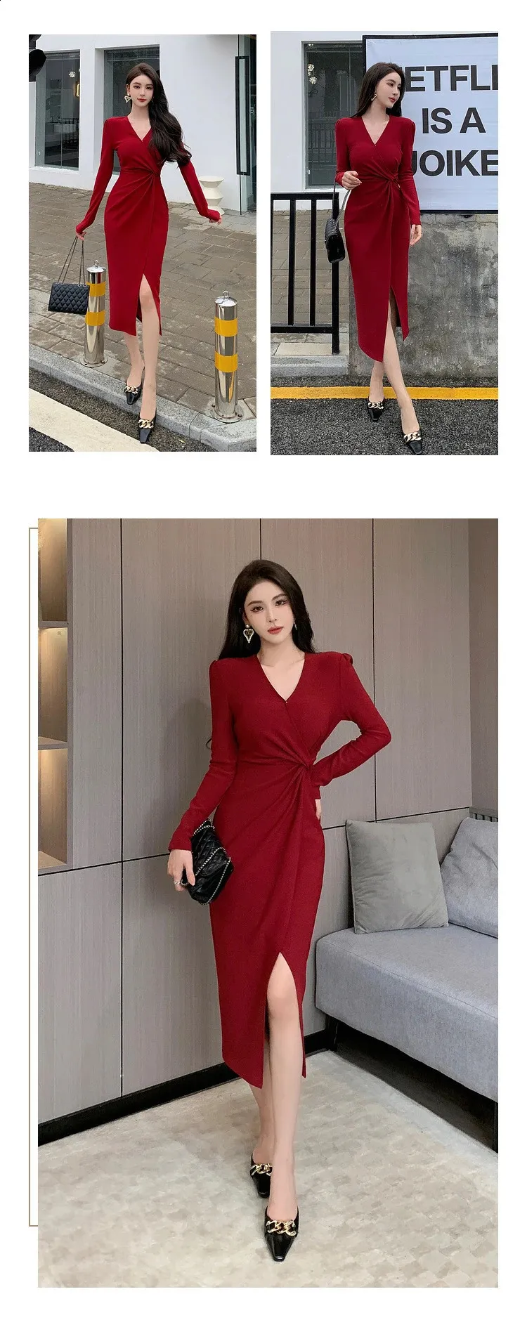 Elegant Red Midi Dress: Chic Twist Folds for Work & Party
