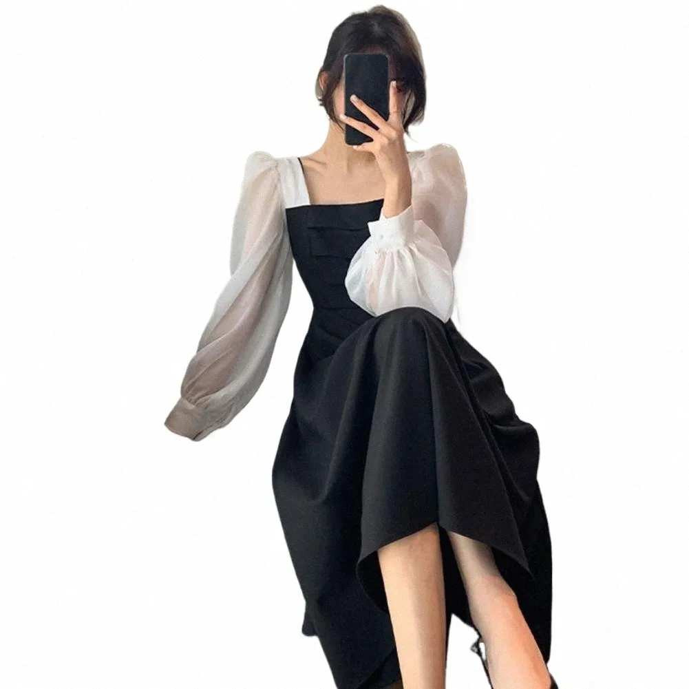 knee length dresses for ladies Patchwork square neck backless midi dress – Lovenne main image 1