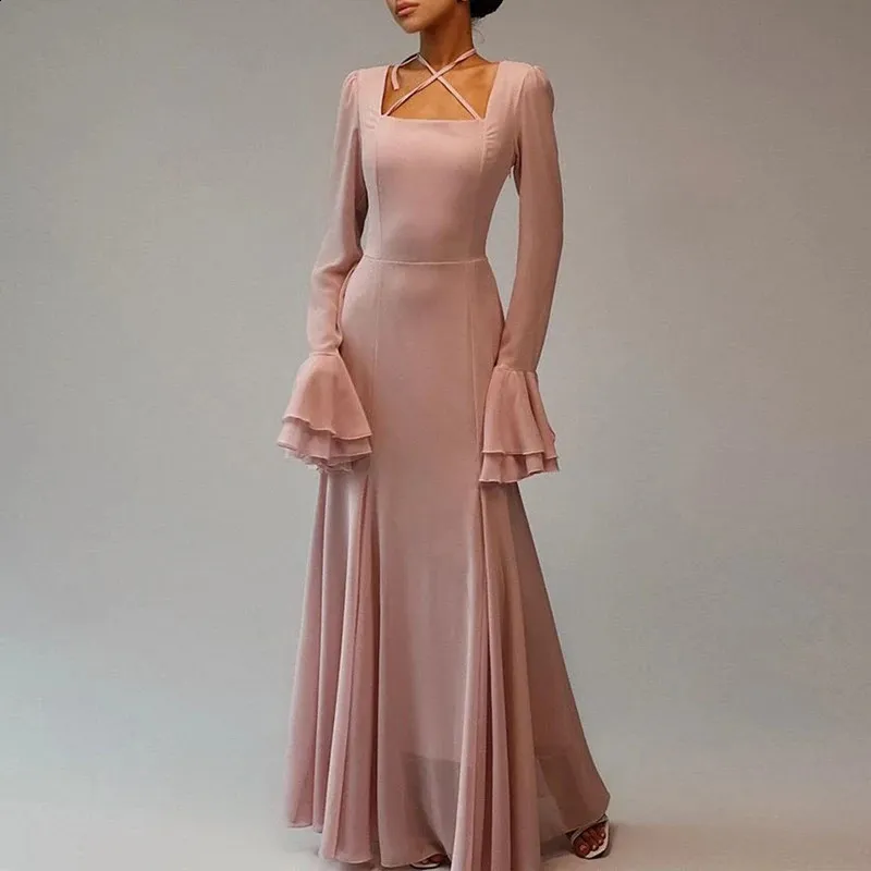 elegant solid square neck chiffon dress Elegant Halter A-line Long Satin Bridesmaid Dresses Online With Bow main image 0