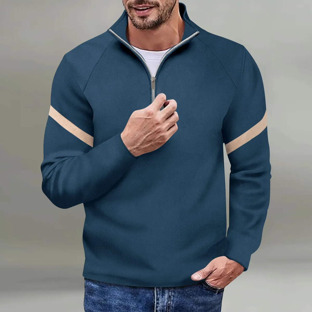 Mens Color Blocked Stand Up Quarter Zip Polo Shirt For Summer 