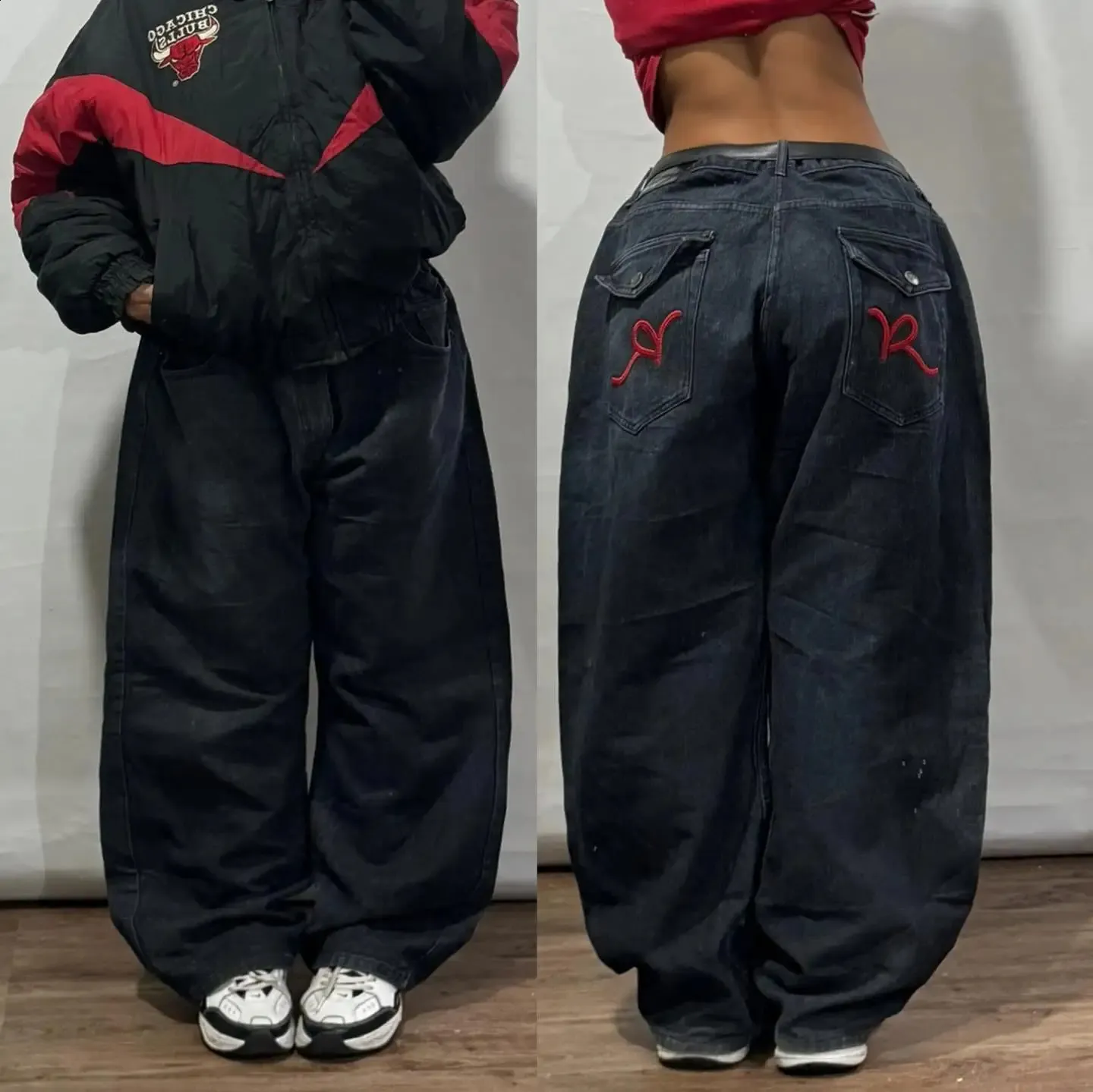 Retro Embroidered Skull Jeans: Wide Leg Trousers for Y2K