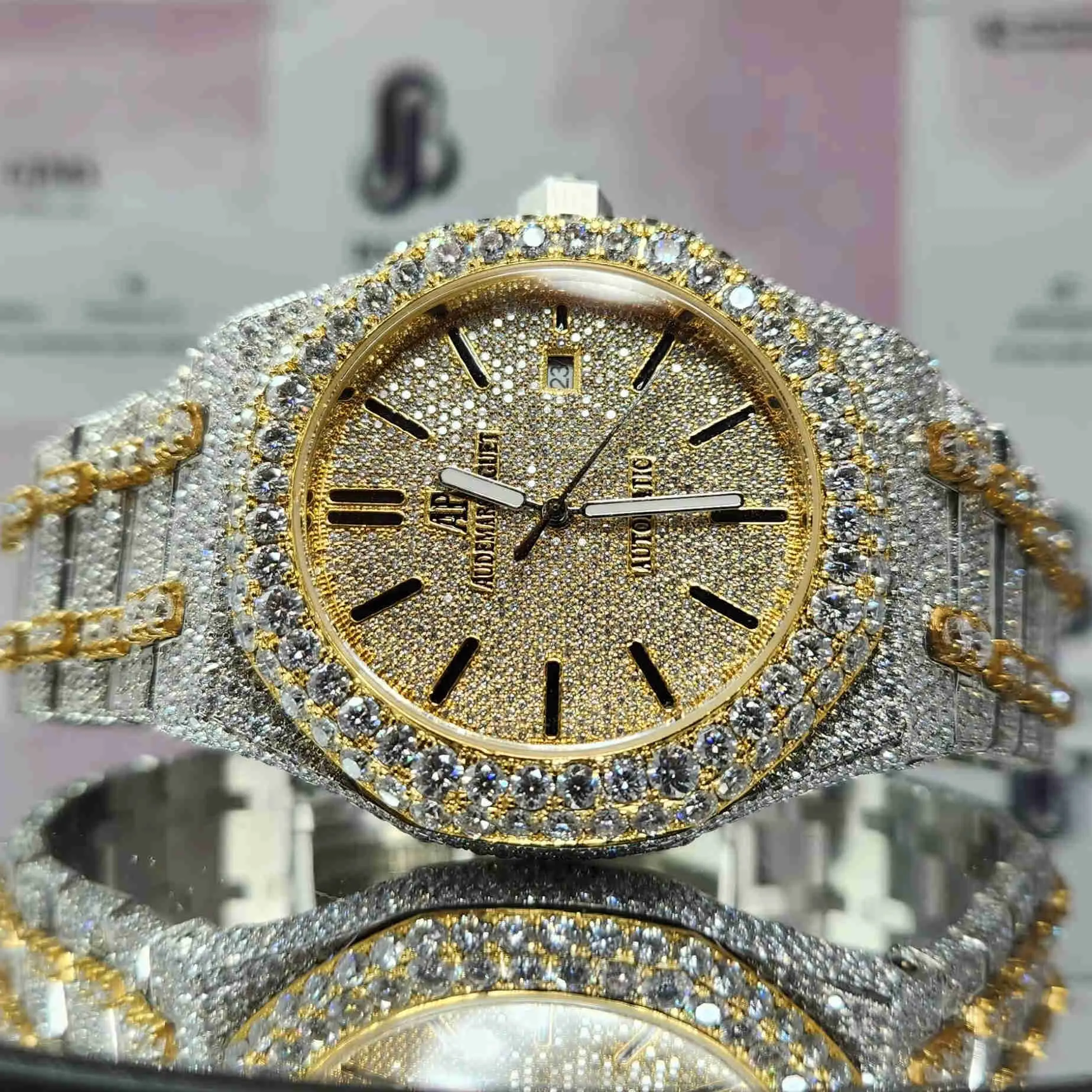 Mens Stainless Steel Hip Hop Bust Down Iced Out Moissanite Watch Bestselling Wholesale Price and Free Shipping