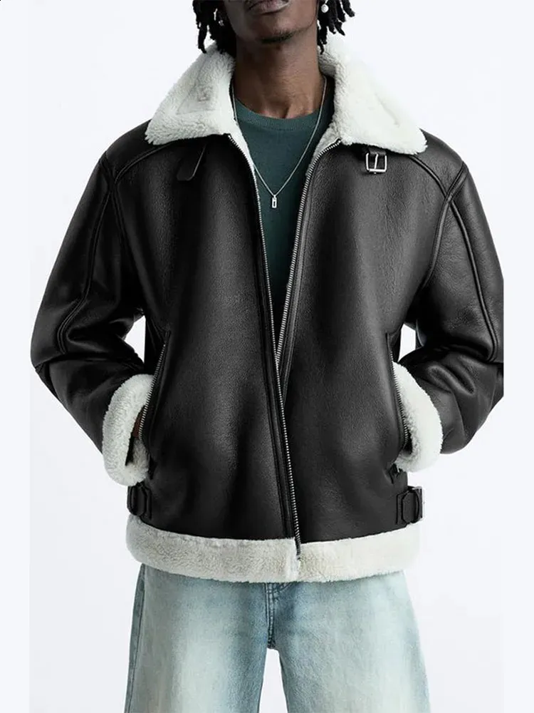 Mens Faux Shearling Interior Faux Leather Jacket Casual Fur Double Faced Jackets Autumn 2024 Long Sleeve Lapel Zipper Outcoat 240809 From 51 39 DHgate