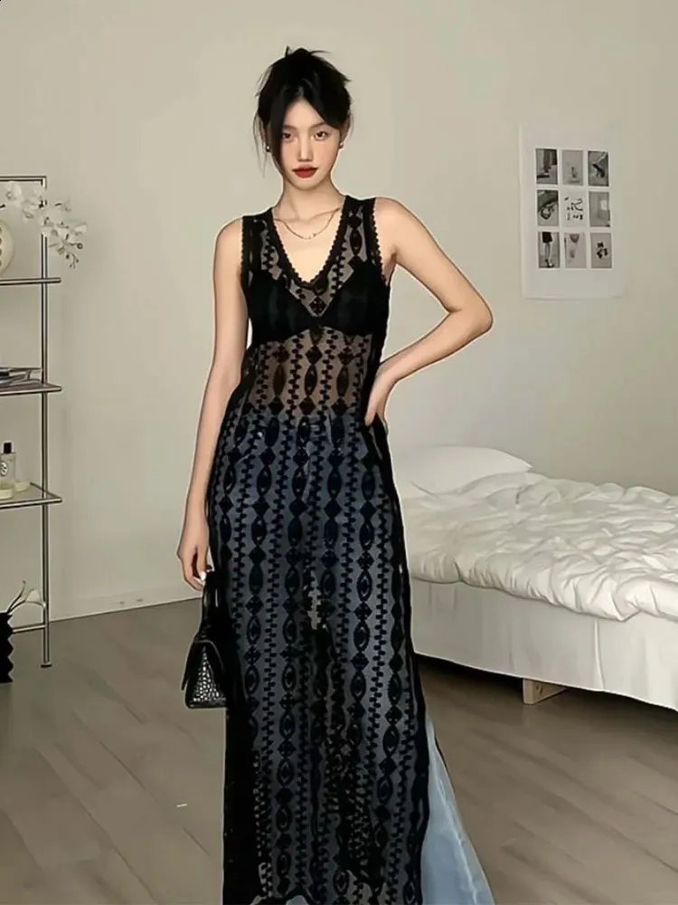 Vintage Lace Tank dress - See-Through Sleeveless Maxi dress for Women - Black Beach Cover Up - Y2K Long dress byHOUZHOU (240810)