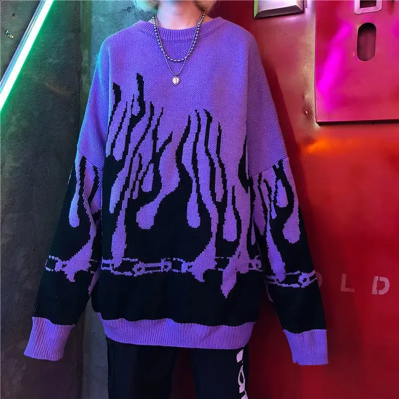 Womens Oversized Pullover Sweaters Purple Flame Graphic, Hip Hop