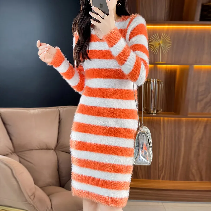 Faux Mink Fur Coat Style Knitted Dress - Autumn Winter V-Neck Loose Fit Striped Medium Length Wool Jumpsuit Skirt Faux Mink Fur Coat Style Knitted Dress - Autumn Winter V-Neck Loose Fit Striped Medium Length Wool Jumpsuit Skirt