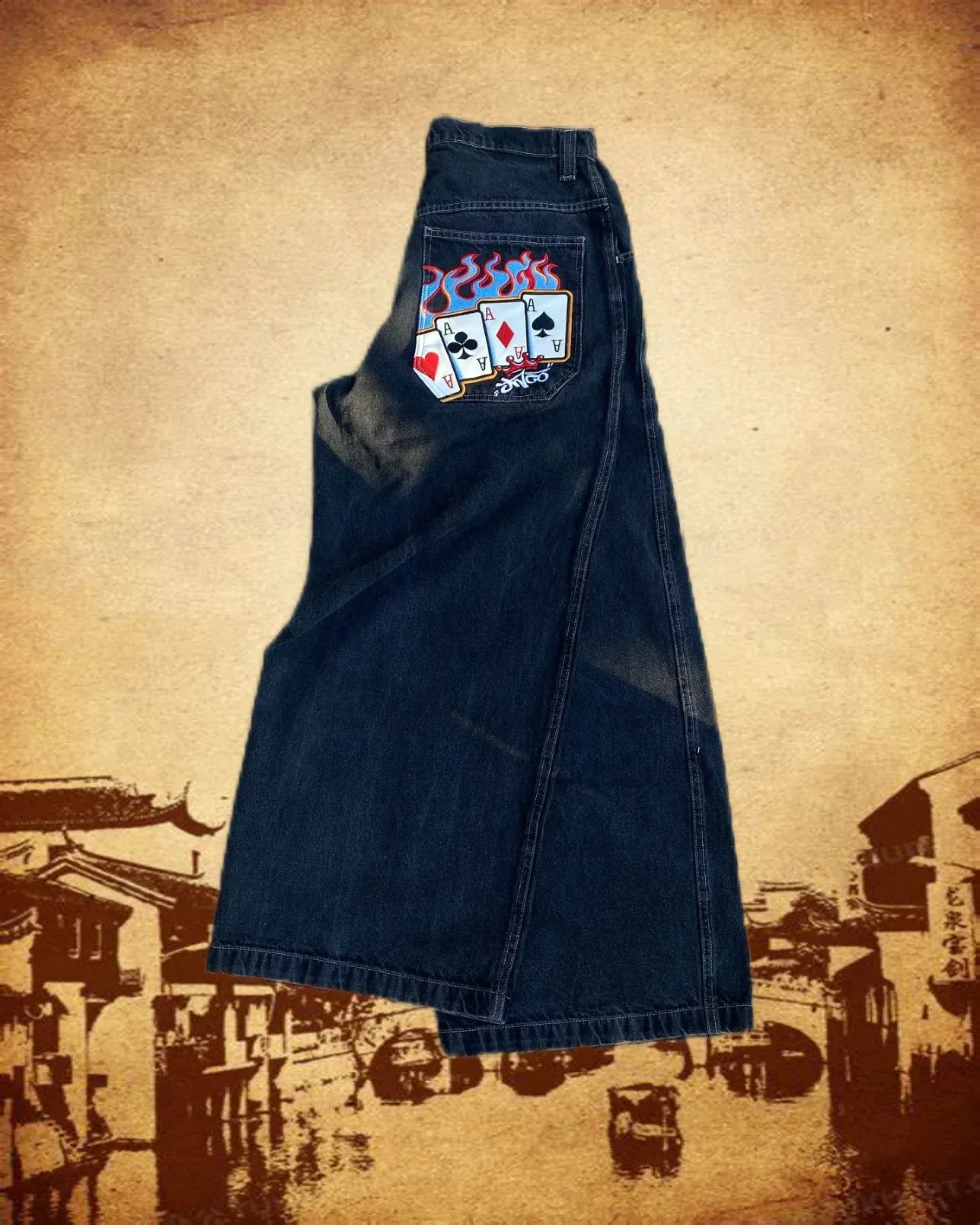 DHgate.com:Poker Card Pattern Streetwear Jeans - Loose Fit