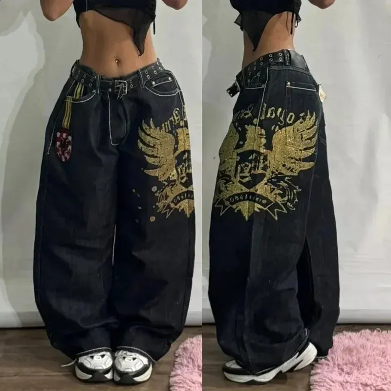 Retro Embroidered Skull Jeans: Wide Leg Trousers for Y2K