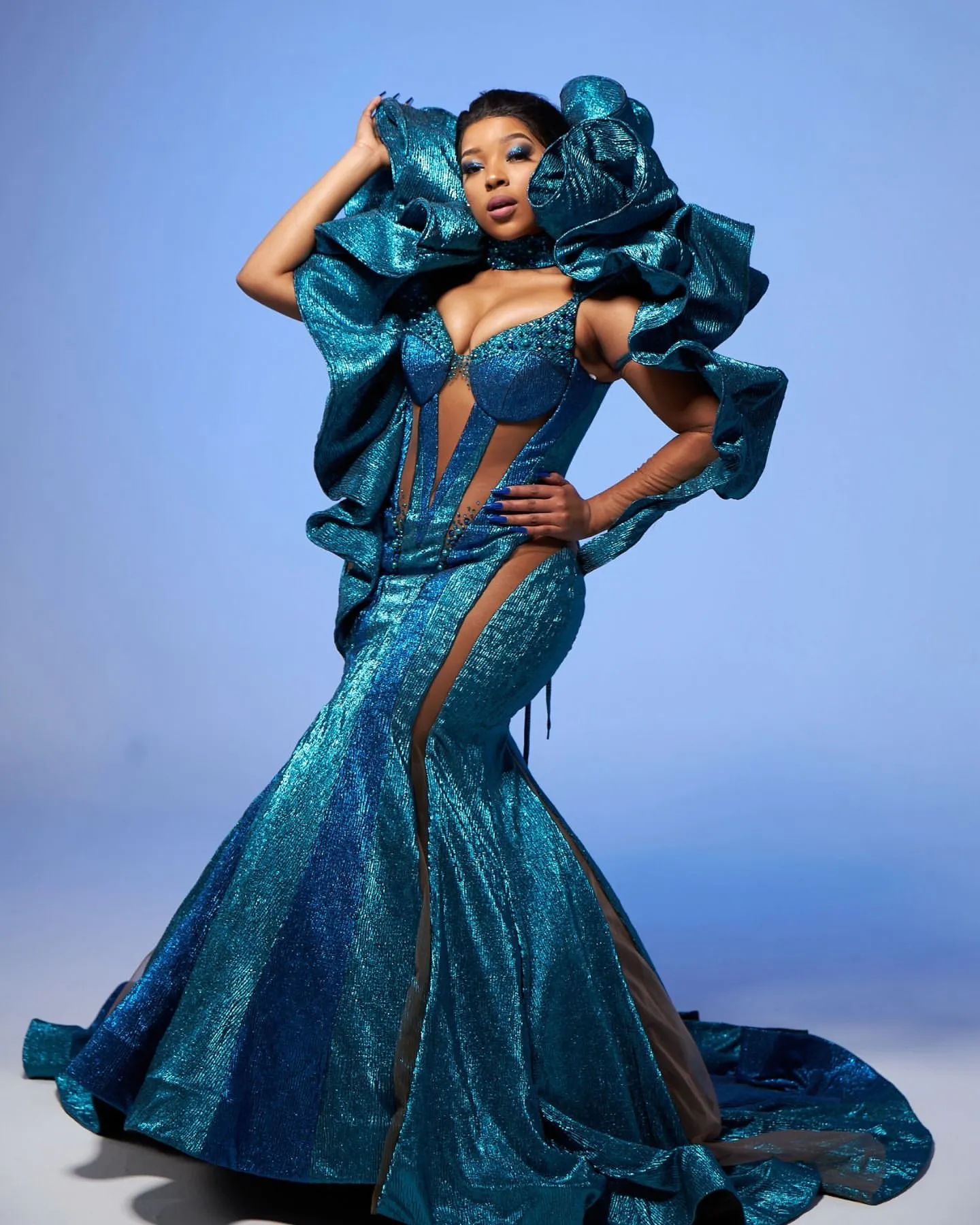 bridesmaid dress with scarf Navy Blue Beaded Corset Satin Long Prom Dress with Slit – Vickidress