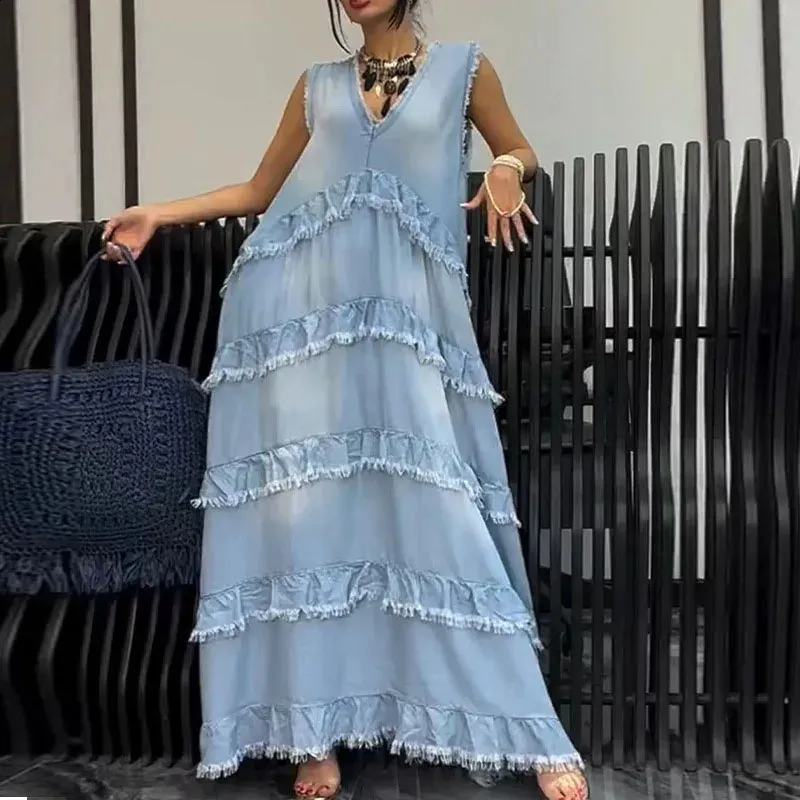 green emerald velvet dress Denim Square Neck Ruffled Sleeve Side Cut Out Dress *FINAL SALE* – SSYS main image 1