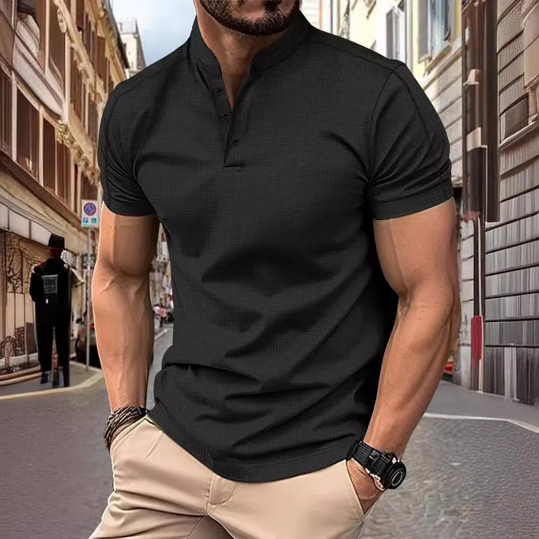 Mens Casual Real Silk Linen Polo Shirt, Short Sleeve, Navy, Summer