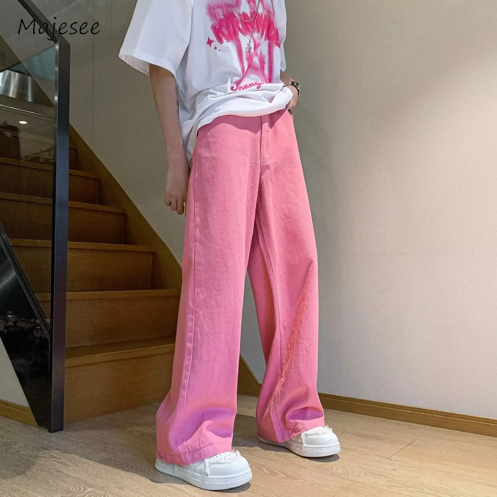 Pink Wide Leg Jeans Men - Summer Baggy Trousers, Vintage