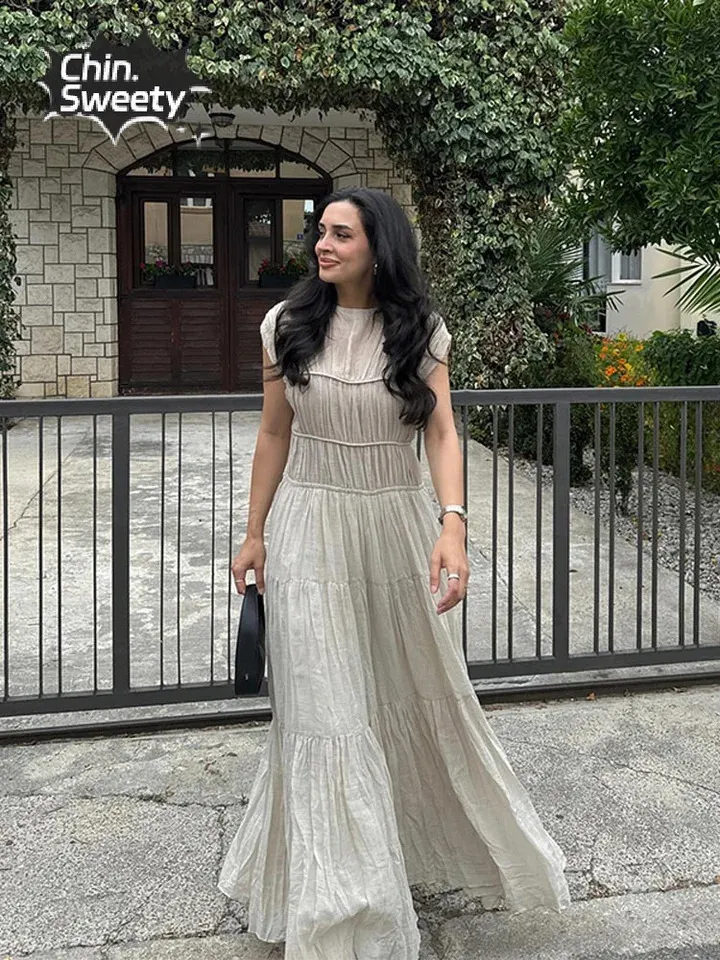 Elegant Spliced Solid Wrap Waist Maxi Dress with Pleated Hem and O Neckline for Women - Perfect for Summer Casual Wear (240810)