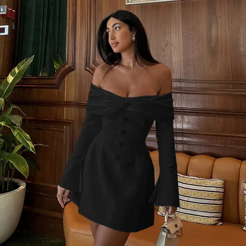 black off the shoulder button up dress Off-the-Shoulder Ruched Sheath with Buttons