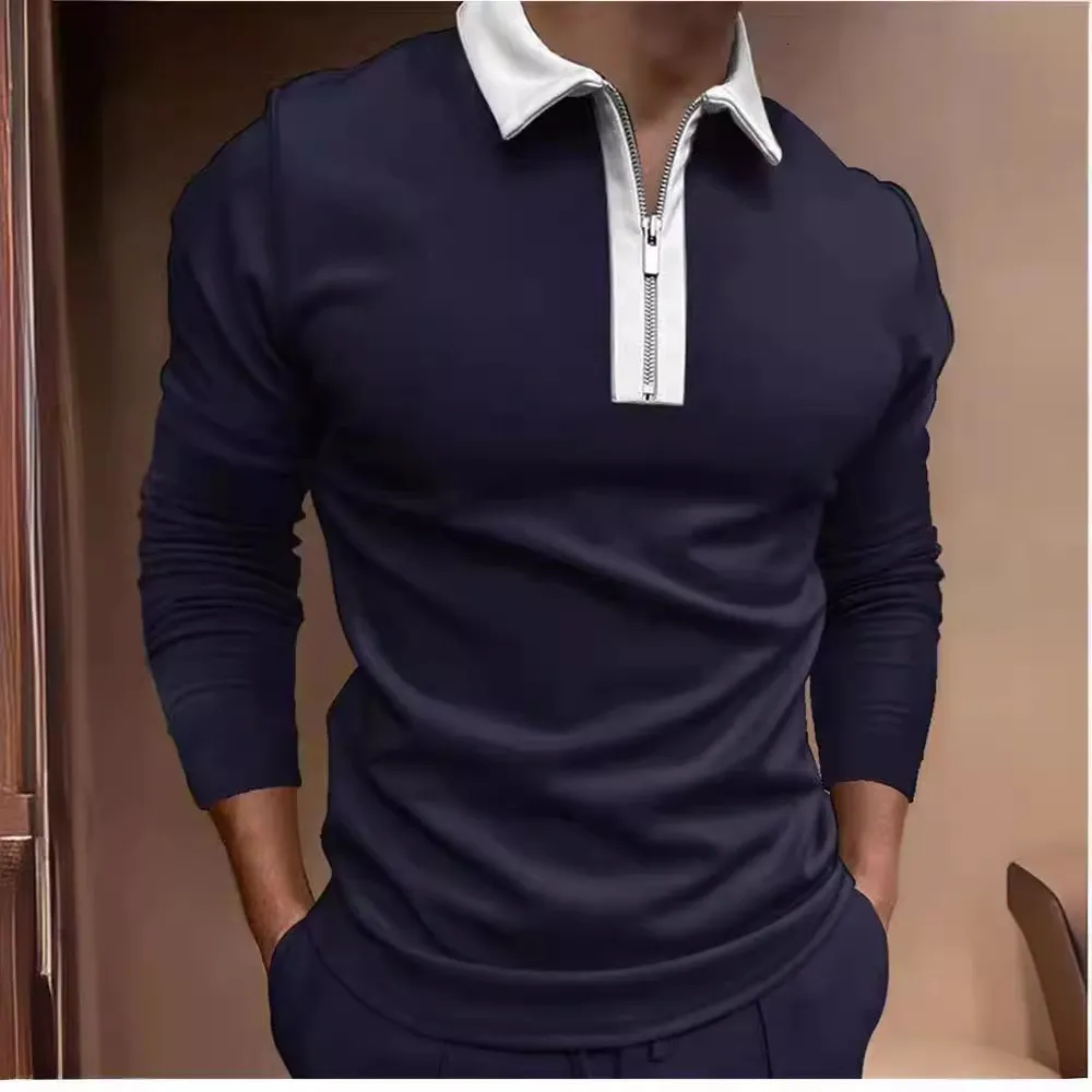 Polo Shirt With Zipper Mens Long Sleeve Color Block T Shirt
