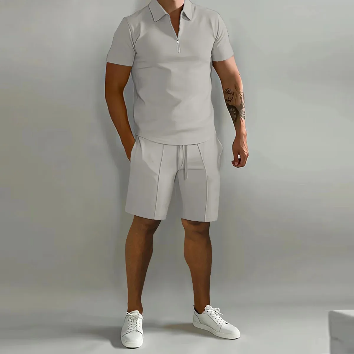 Polo Sport Sweat Suit: Men's Casual Solid Color Polo Shirt & Shorts Set - Lightweight for Daily Use