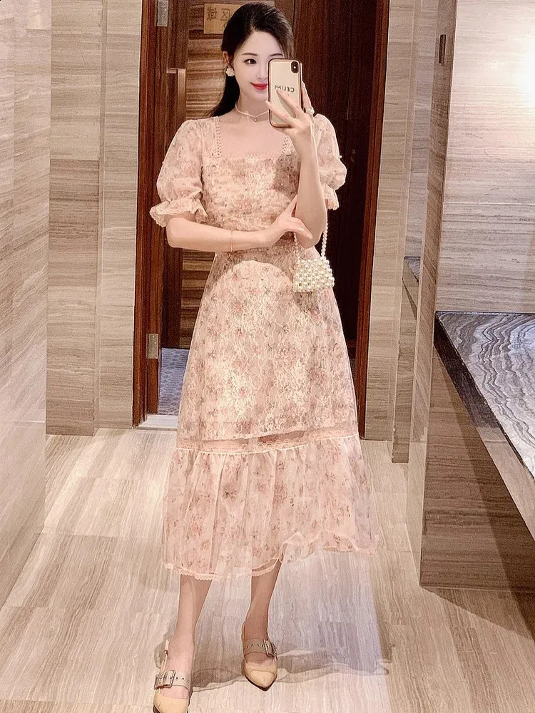 Summer Dress Women Square Neck Short Sleeve Chiffon Floor-Length Slim Fit