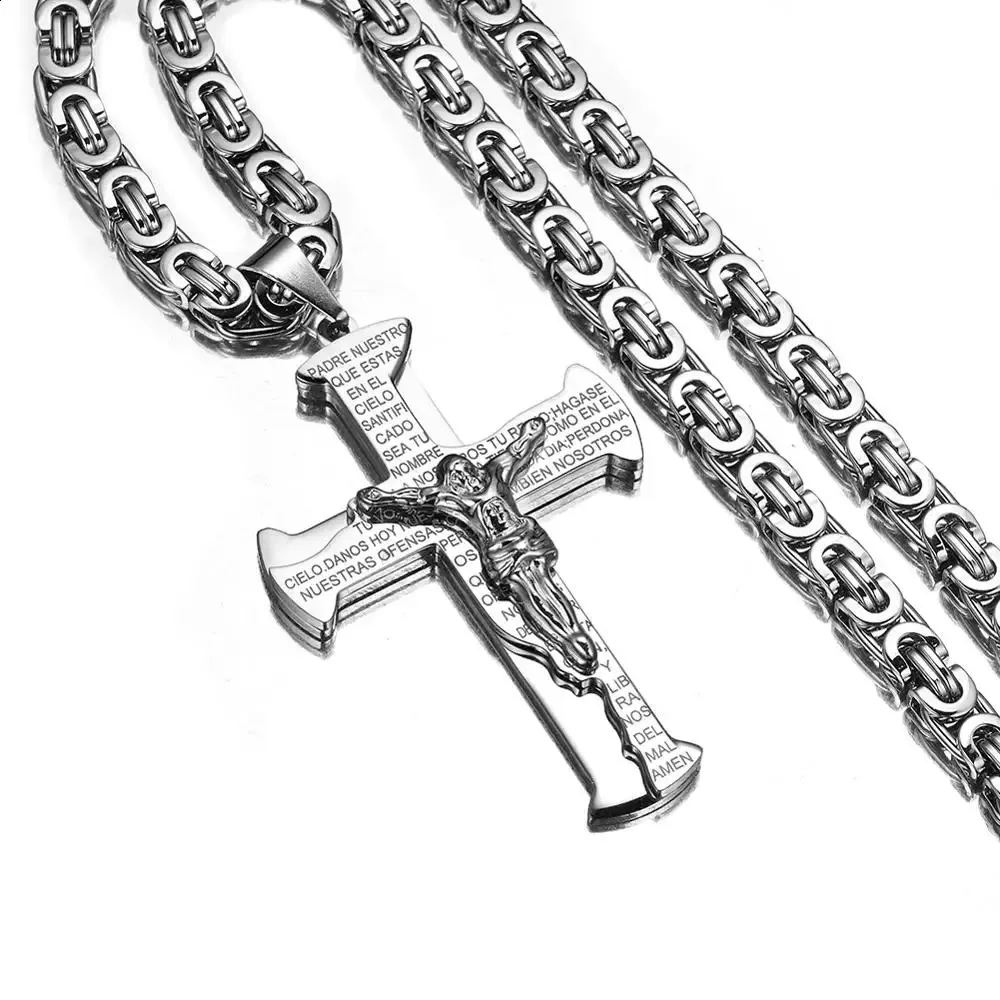 Men's Stainless Steel Cross Necklace With Lords Prayer Pendant - 24" Chain, Black Finish, Religious Jewelry Gift