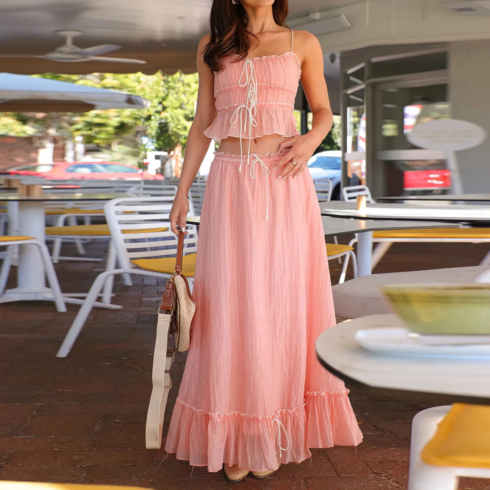 Save Big on Bulk Piece Maxi Skirt Set Two Piece Maxi Skirt Set Women's  Summer Ruffle Outfit With Tie Up Tank Top Flowy Long Skirt Lightweight