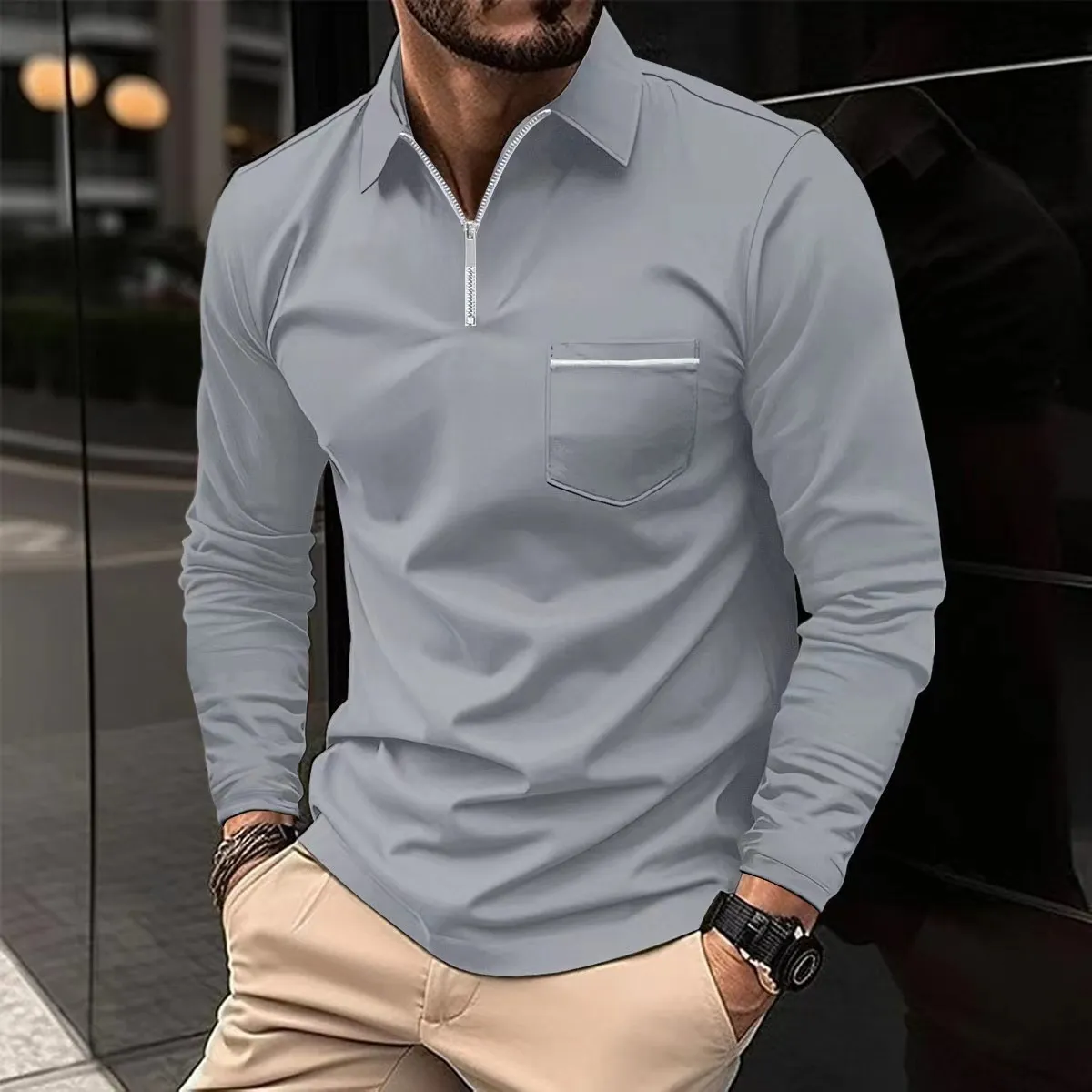Long Sleeve Sports Polo Shirt with Pocket - Premium Quality